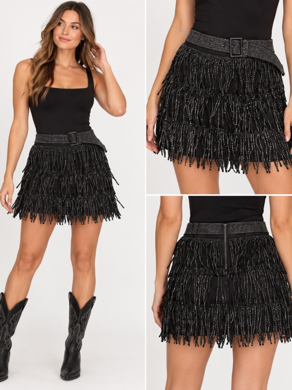 Nylon Apparel L Black Rhinestone Fringe Mini Skirt Belt Western Cowgirl Y2K NWT